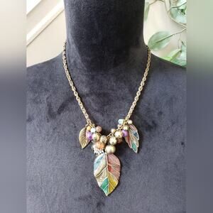 Womens Fashion Multicolor Beads Fall Leaf Statement Necklace with Lobster Clasp
